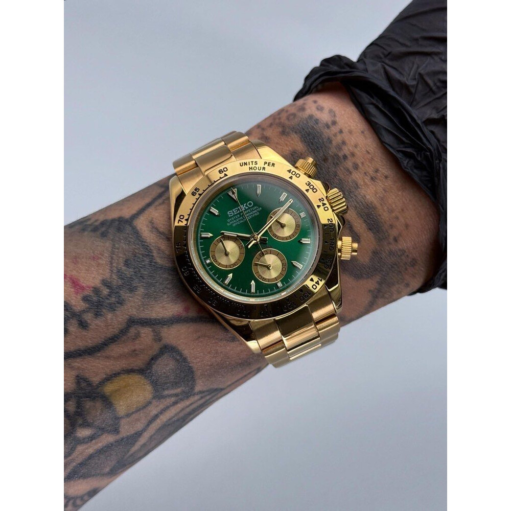 Custom Seiko Mod • Green Emerald Diamond John Mayer Daytona Quartz Chronograph • 39.5mm